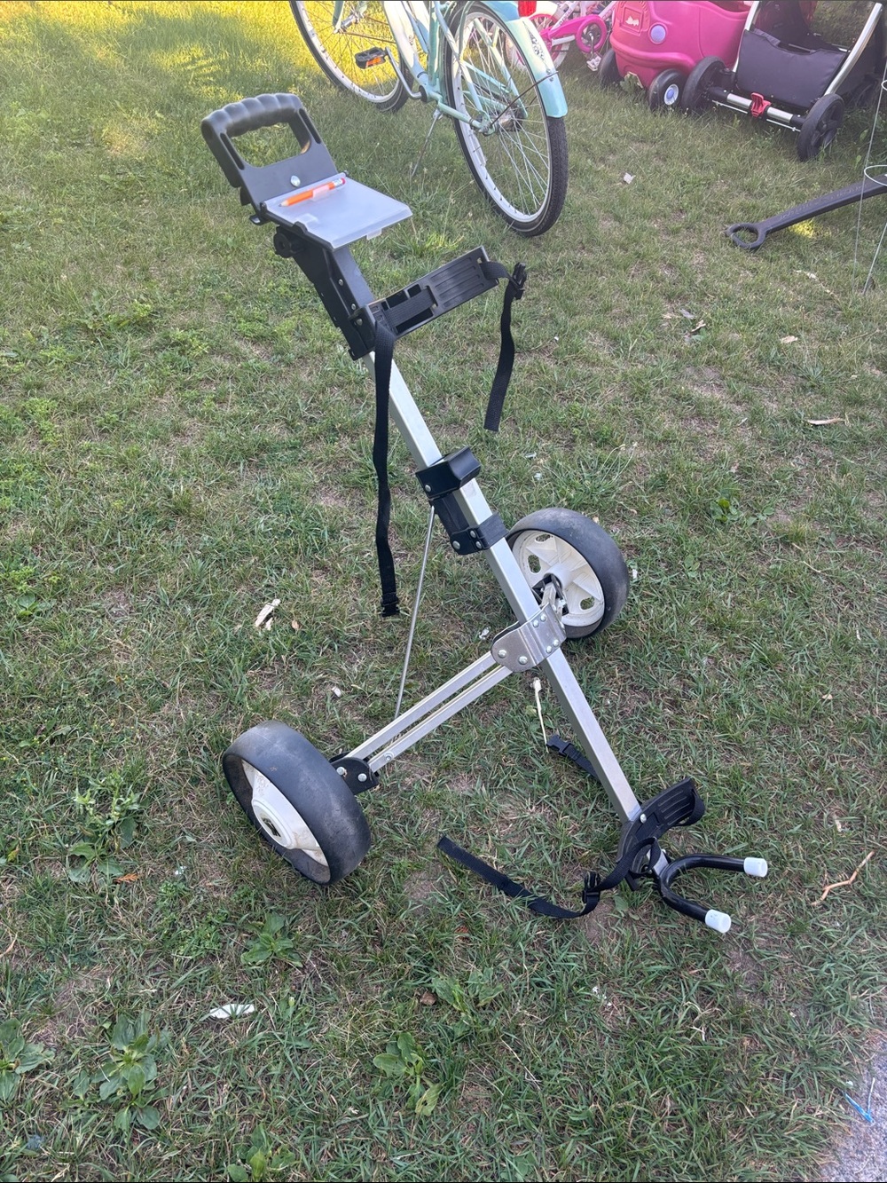 Collapsible Silver Golf Push Cart with Black Accents